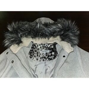 Nine West Hooded Coat Womens Large Gray Faux Fur Trim Wool Blend Parka Jacket